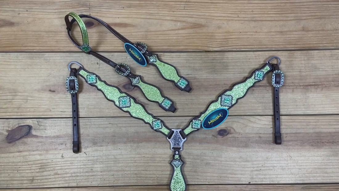 Lime Green Glitter Western Tack with Bling Rhinestone, Silver Studs