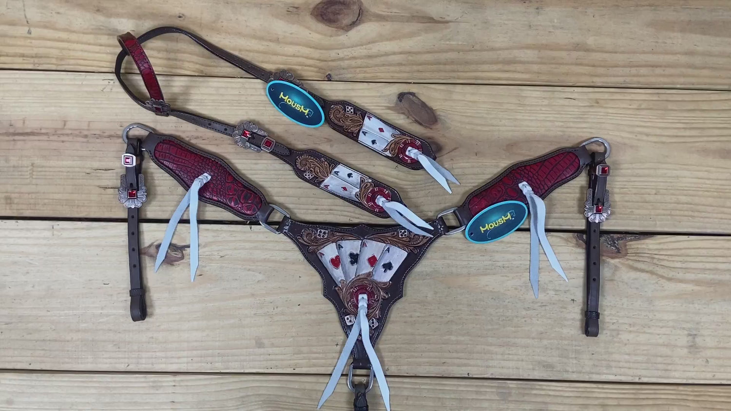 western headstall and breast collar set with gambling theme, and hand painted card carvings