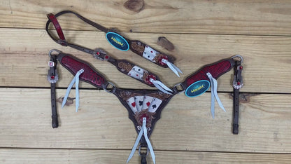 western headstall and breast collar set with gambling theme, and hand painted card carvings