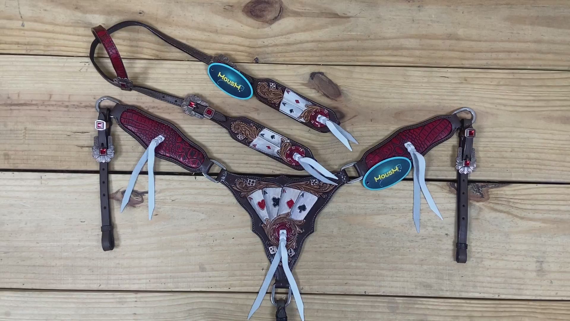western headstall and breast collar set with gambling theme, and hand painted card carvings