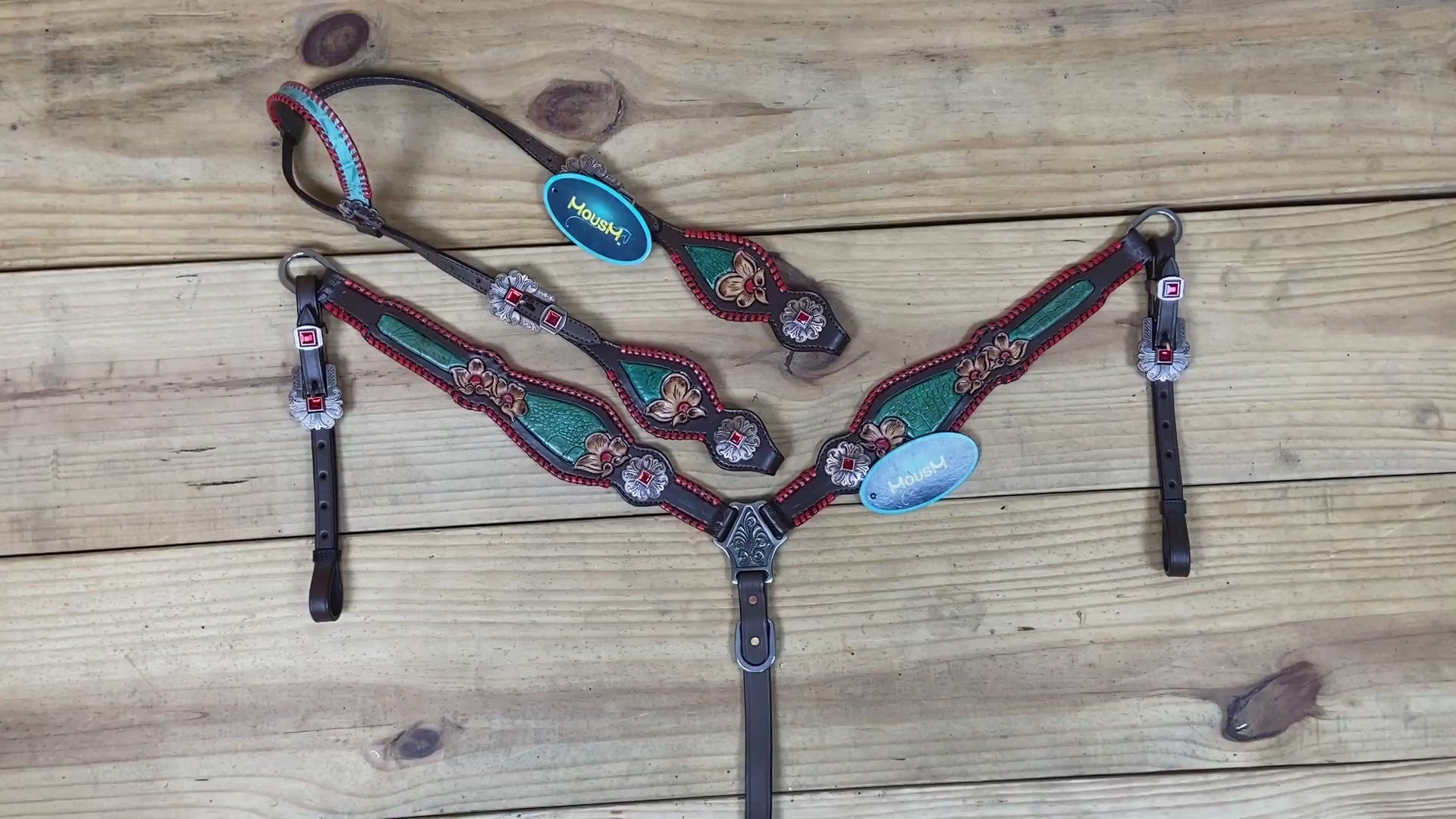 Western Breast Collar and Headstall Set Decorated with Red Rawhide Whip Stitching, Flower Carving, Turquoise Inlay, and Red Jewel Conchos MOUSM