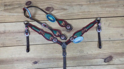 Western Breast Collar and Headstall Set Decorated with Red Rawhide Whip Stitching, Flower Carving, Turquoise Inlay, and Red Jewel Conchos MOUSM