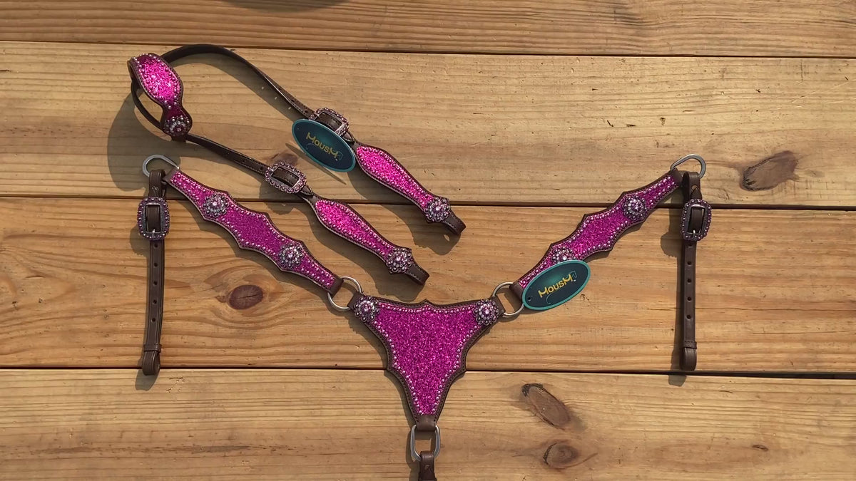 Hot Pink Glitter Western Horse Tack Set with Bling Conchos and Silver Studs