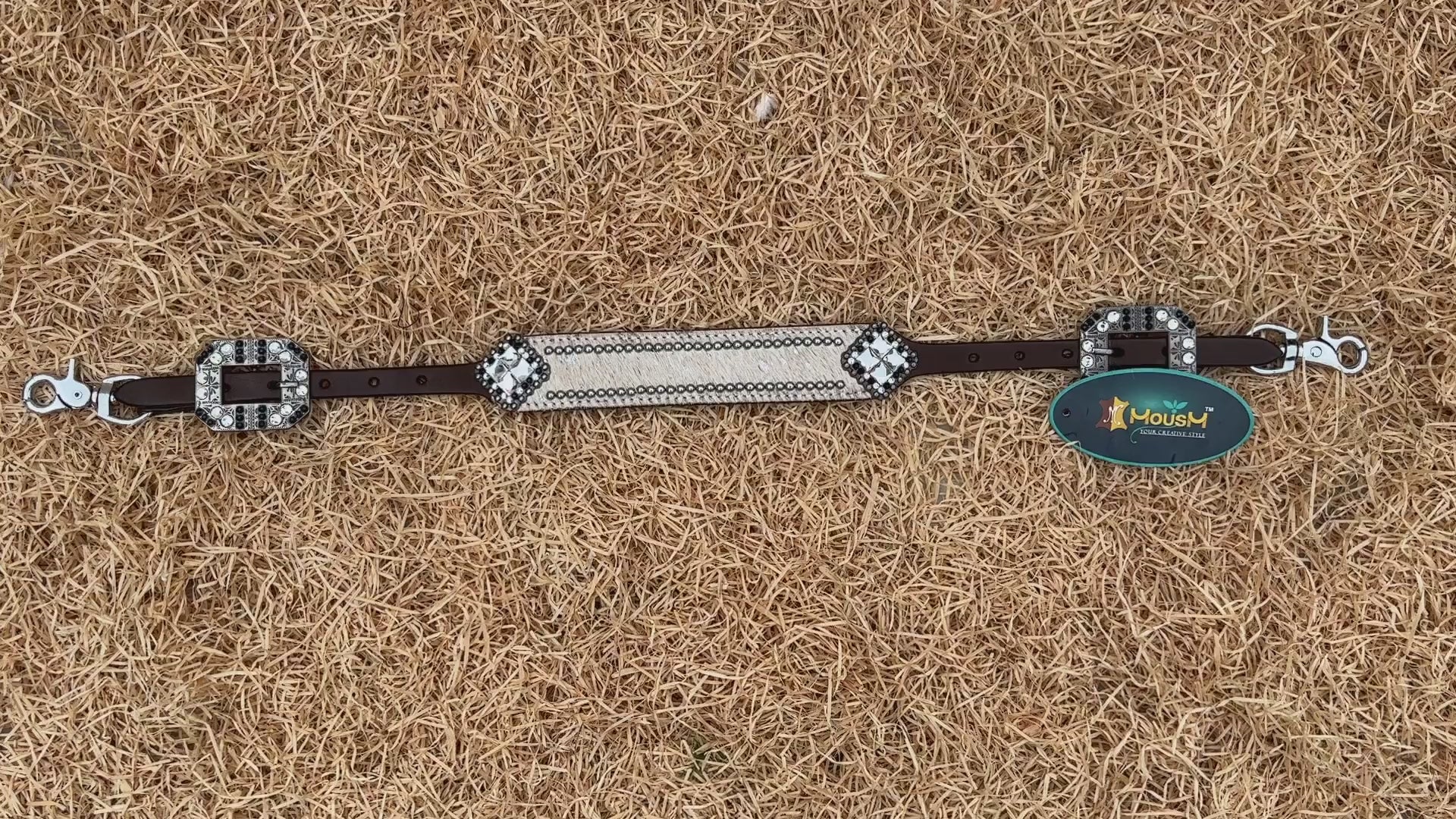 MOUSM Western Wither Strap - Stylish Horse Tack Accessory Decorated with White Metallic Acid Wash Cowhide, Surrounded by Silver Studs, Shining Rhinestone Conchos