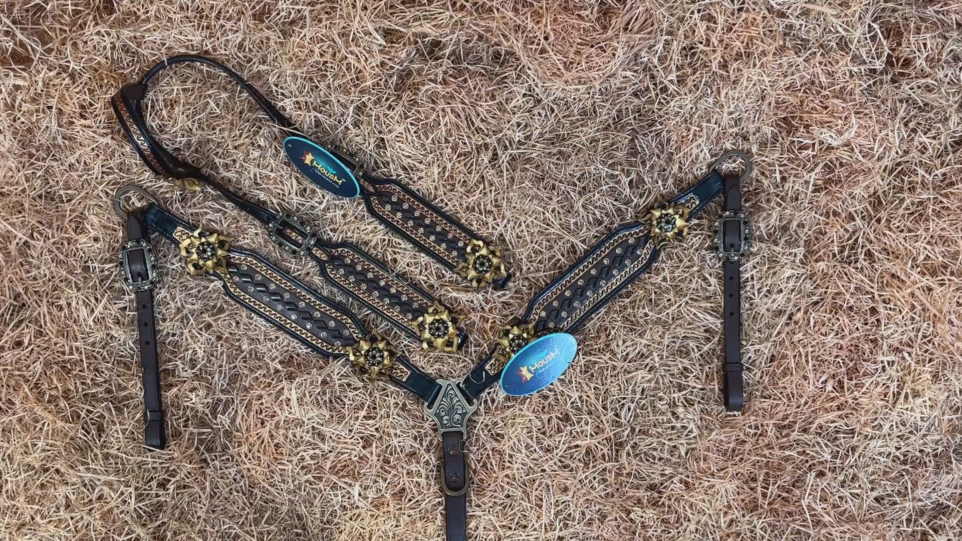 MOUSM Argentina Cow Leather Headstall &amp; Breast Collar Set – Western Horse Bridle set Decorated with Golden Leather Flowers and Topaz Stones with Geometrical Tooling