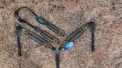 MOUSM Argentina Cow Leather Headstall &amp; Breast Collar Set – Western Horse Bridle set Decorated with Golden Leather Flowers and Topaz Stones with Geometrical Tooling