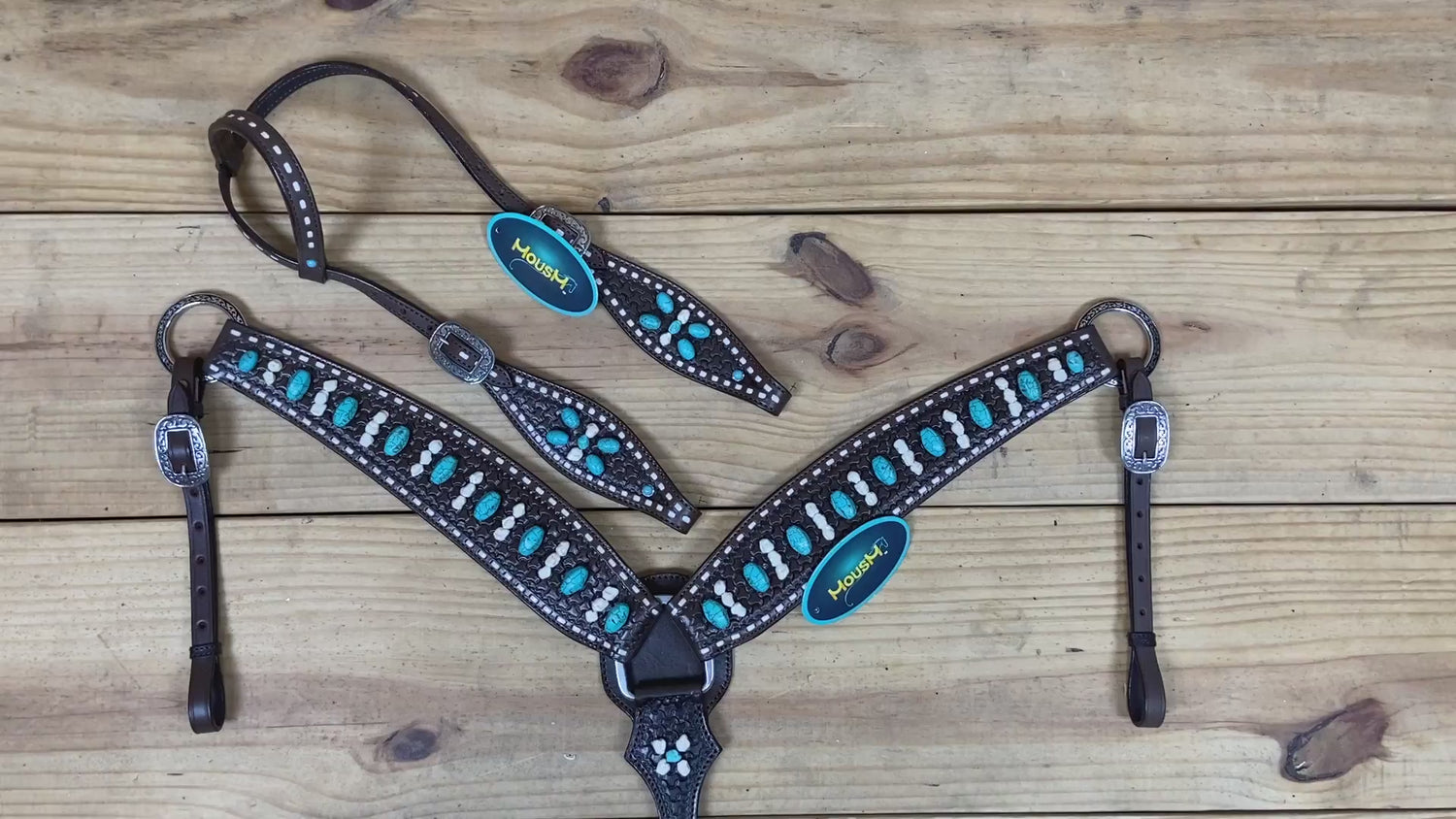 Western Headstall and Breast Collar Tack Set Handcrafted from Argentina Cowhide with Rawhide Buck Stitching, Window Tooling, and Turquoise Gemstones MOUSM