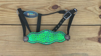 MOUSM Argentina Cow Leather Bronc Halter – Western Horse Halter Decorated with Holographic Turquoise Alligator Print and Rhinestone Concho