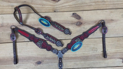 metallic leopard inlay western horse tack with rawhide bradding and rose carving