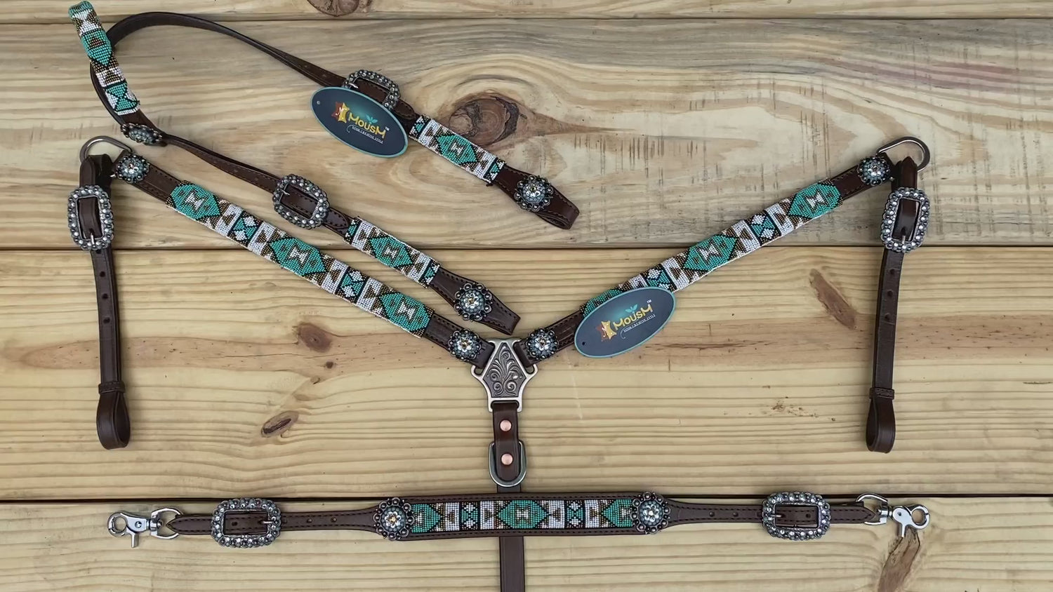 MOUSM Western Headstall &amp; Breast Collar Set – Decorated with Argentina Cow Leather with Turquoise &amp; White Hand-Beaded  Southwestern Pattern &amp; Rhinestone Buckles