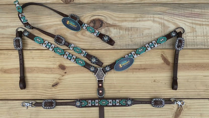 MOUSM Western Headstall &amp; Breast Collar Set – Decorated with Argentina Cow Leather with Turquoise &amp; White Hand-Beaded  Southwestern Pattern &amp; Rhinestone Buckles