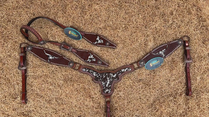 MOUSM Western Breast Collar and Headstall Set - Made from Argentina Cow Leather Horse Headstall Set Decorated with Basket Tooling with Bull Head Cutout &amp; Cowhide Inlay