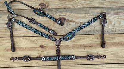 MOUSM Argentina Cow Leather Headstall &amp; Breast Collar with Wither Strap – Western Leather Tack Set with Turquoise Beaded Southeastern Pattern &amp; Matching Conchos