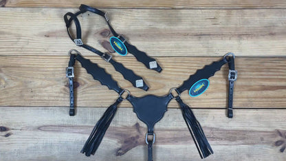 Western Leather Headstall and Breast Collar tack Set decorated with Plain black  leather