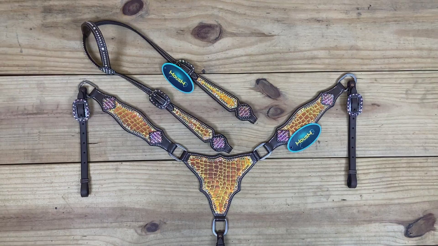 western headstall and breast collar set in orange and yellow holographic alligator print