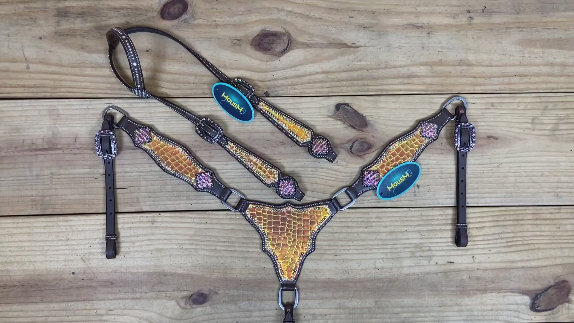 western headstall and breast collar set in orange and yellow holographic alligator print