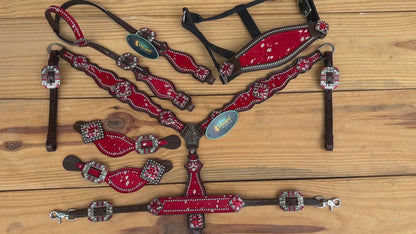 Red-Silver Metallic Acid Wash Cowhide Complete Horse Tack Set