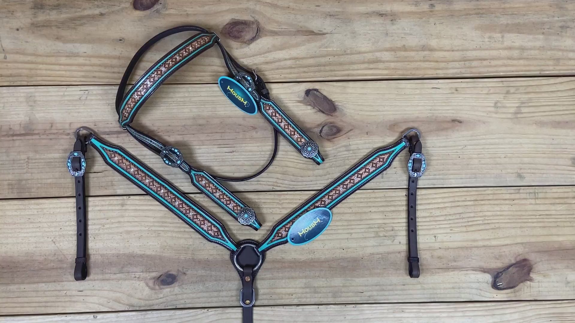 Geometrical tooled Western headstall with turquoise stone conchos and silver studs