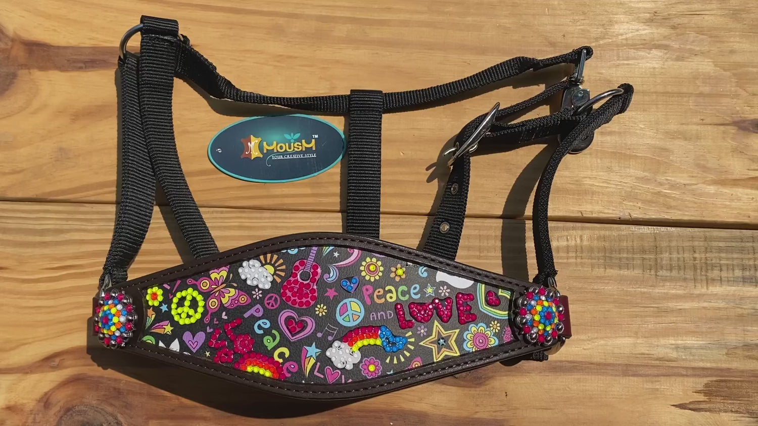MOUSM Argentina Cow Leather Bronc Halter - Western Horse Halter Decorated with Funky Fluorescent Print and Vibrant Stone, Matching Conchos