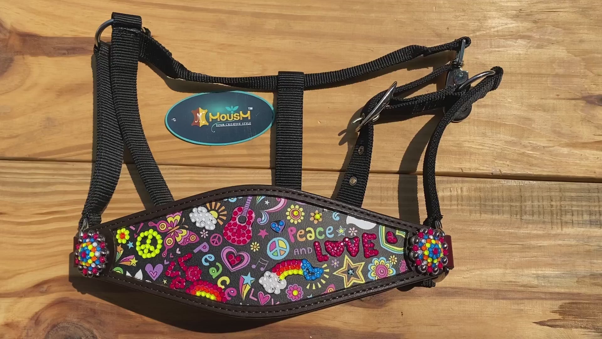 MOUSM Argentina Cow Leather Bronc Halter - Western Horse Halter Decorated with Funky Fluorescent Print and Vibrant Stone, Matching Conchos