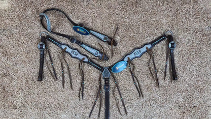 MOUSM Cow Hide Genuine Leather Fringe Headstall &amp; Breast Collar Set for Horse, Western Bridle Set with Antique Copper Hardware Conchos, Turquoise &amp; Nickel Studs