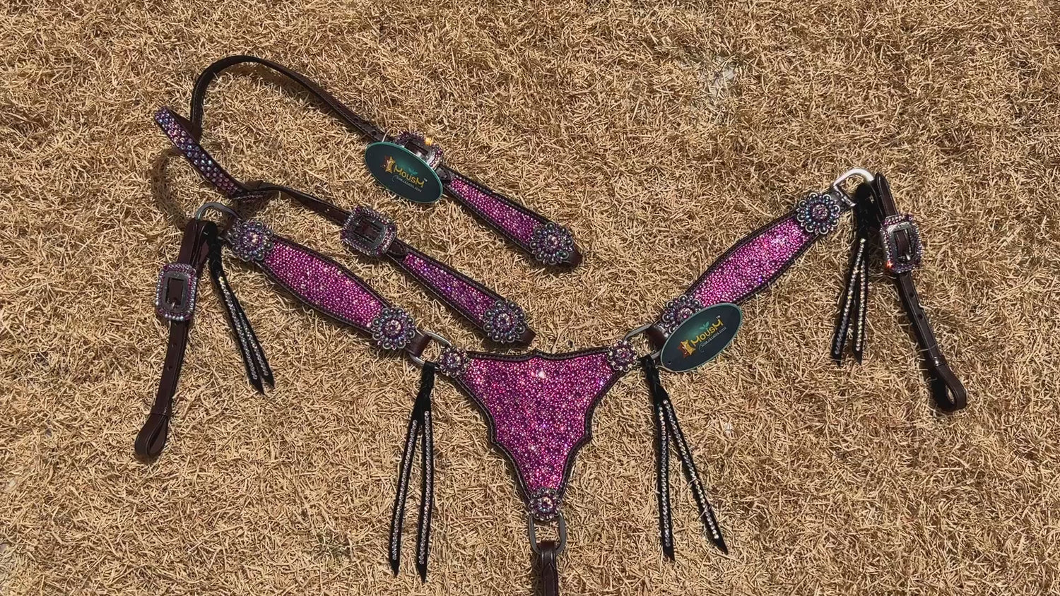MOUSM Western Argentina Cow Leather Headstall &amp; Breast Collar Set – Decorated with Pink Rhinestones on Gladiator Design, Bling ON Strings &amp; Berry Conchos