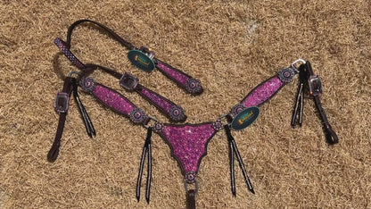 MOUSM Western Argentina Cow Leather Headstall &amp; Breast Collar Set – Decorated with Pink Rhinestones on Gladiator Design, Bling ON Strings &amp; Berry Conchos