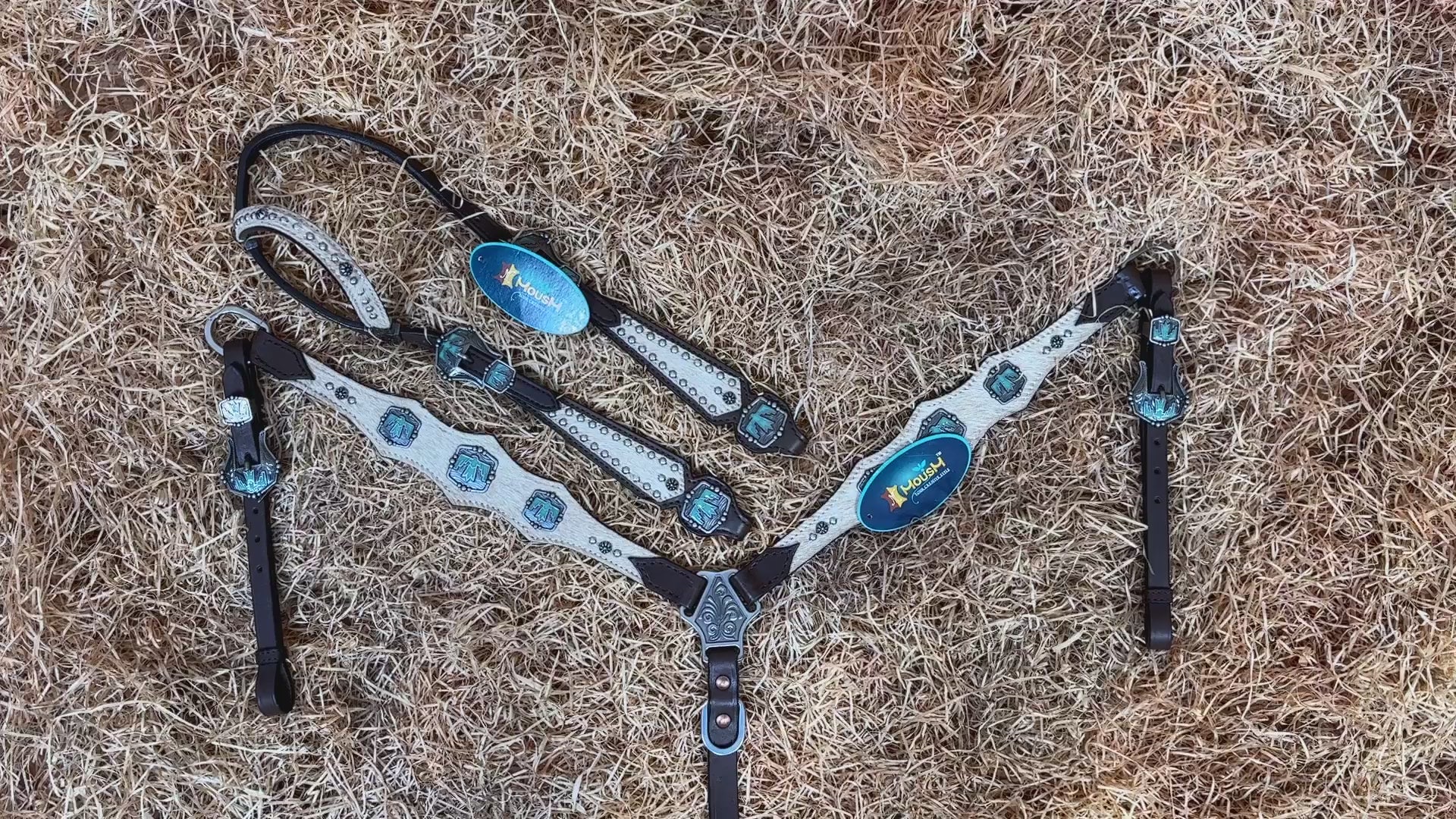 MOUSM Western Horse Bridle &amp; Breast Collar Set – Argentina Cow Leather Headstall Tack Set Decorated with Turquoise Aztec Bird Hardware and Beige Cowhide