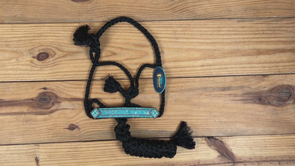 MOUSM Mule Halter for Horse – 1.5&quot; Inches Wide Leather Noseband Decorated with Turquoise Acid Wash Hair on Cowhide and Crystal Rhinestone Concho, 7.5&