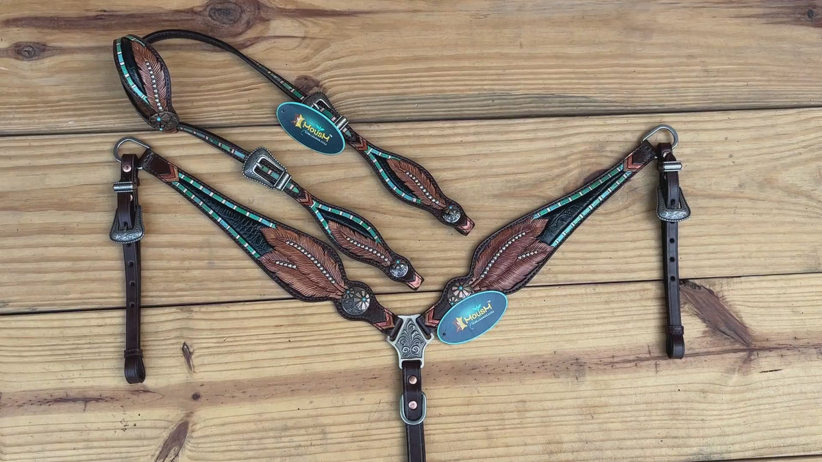 MOUSM Western Headstall and Breast Collar Set – Black Alligator Inlay with Feather Carving &amp; Silver Studs