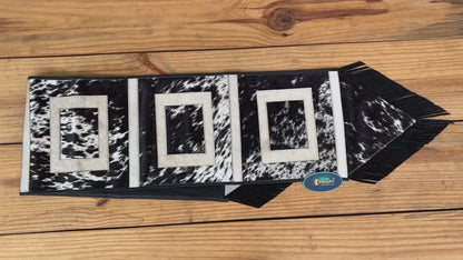 MOUSM Real Cowhide Leather Table Runner – 72x12 Inches, Rustic Farmhouse Table Centerpiece with Embroidered Square Cut &amp; Leather Black Fringe for Table Décor