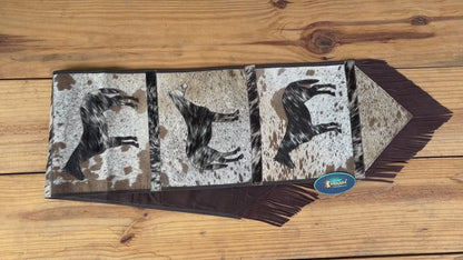 MOUSM Real Cow Hide Hair-On Leather Table Runner 72x12 Inches, Handcrafted with Embroidered Standing Horse Cutout Print and Leather Brown Fringe Both Side