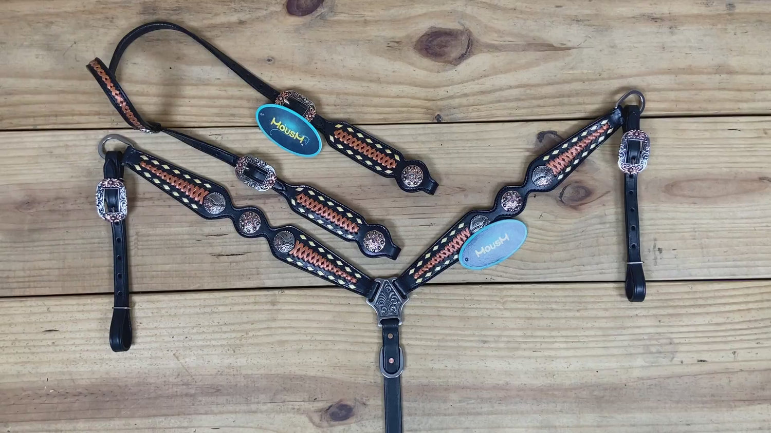 Western Headstall Set Decorated on Black Argentina Cow Leather with Copper Crisscross Braiding, Golden Rawhide Buck Stitching, and 3-Tone Conchos MOUSM