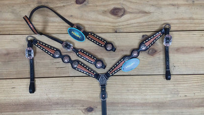 Western Headstall Set Decorated on Black Argentina Cow Leather with Copper Crisscross Braiding, Golden Rawhide Buck Stitching, and 3-Tone Conchos MOUSM