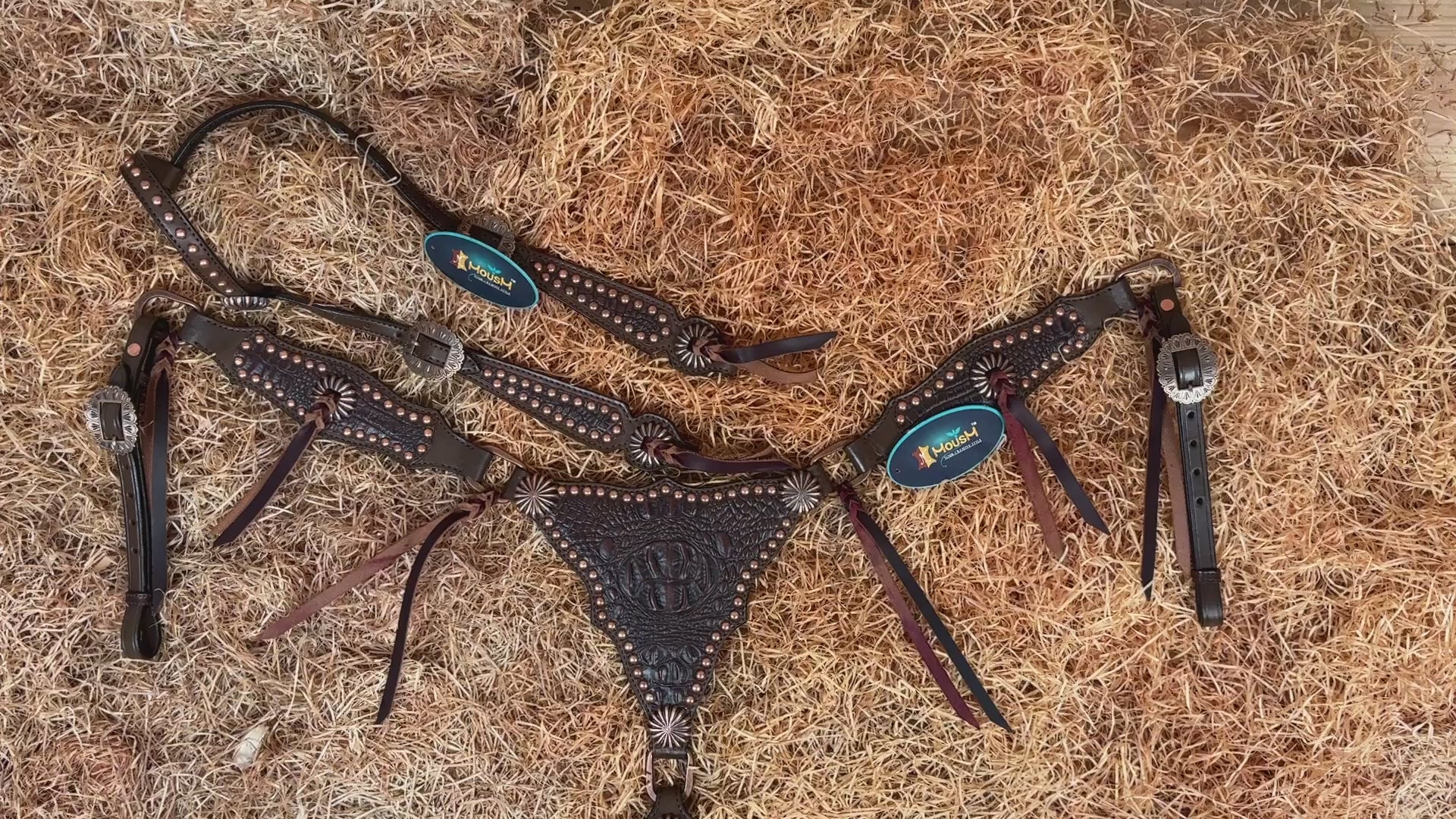 MOUSM Argentina Cow Leather Headstall and Breast Collar Set - Western Horse Tack Set Gladiator Style Breast Collar Decorated with Brown Alligator Skin Texture, Copper Studs &amp; Sunburst Conchos