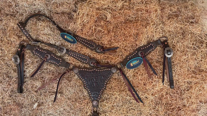MOUSM Argentina Cow Leather Headstall and Breast Collar Set - Western Horse Tack Set Gladiator Style Breast Collar Decorated with Brown Alligator Skin Texture, Copper Studs &amp; Sunburst Conchos