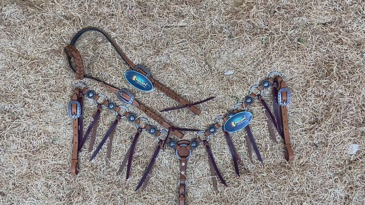 MOUSM Western Headstall and Breast Collar Set – Handcrafted from Genuine Argentina Cow Leather with Braided One-Ear Headstall &amp; Cheek Piece, Stainless Steel Rings Breast Collar, Leather Strings &amp; Congress Conchos