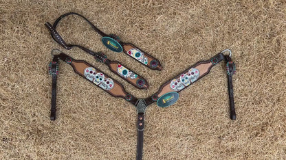 MOUSM Argentina Cow Leather Western Headstall and Breast Collar Set - Decorated with Hand-Tooled &amp; Painted Sugar Skull, Multi-Color Berry Conchos