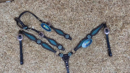 MOUSM Western Horse Tack Set – Leather One Ear Headstall and Breast Collar Decorated with Turquoise Flower Conchos, Extra Copper Ring on Breast Collar, and Alligator Cutout Inlay with Copper Studs