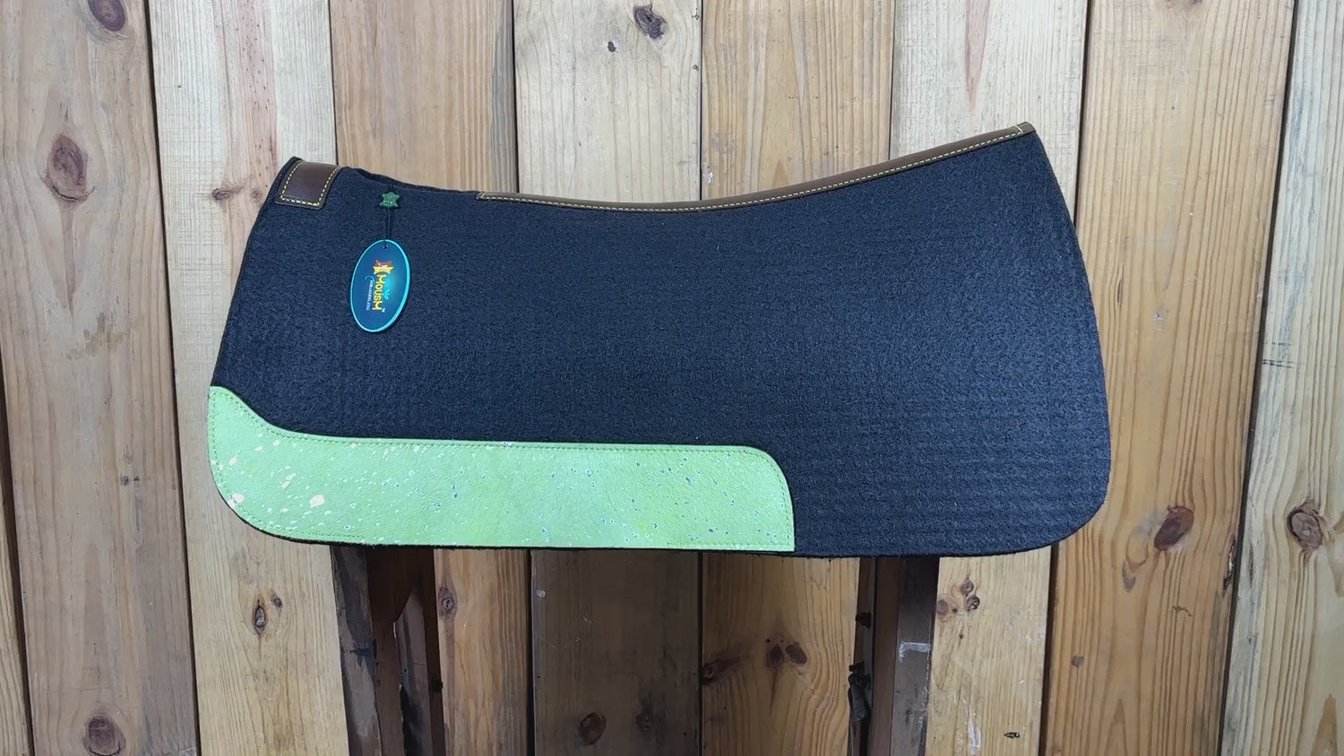 MOSUM Western Saddle Pad - Saddle Pad for Horses Synthetic Wool Blend Black Felt with Lime Green Acid Wash Hair on Cowhide Leather Patch, Comfort Pad for Horses