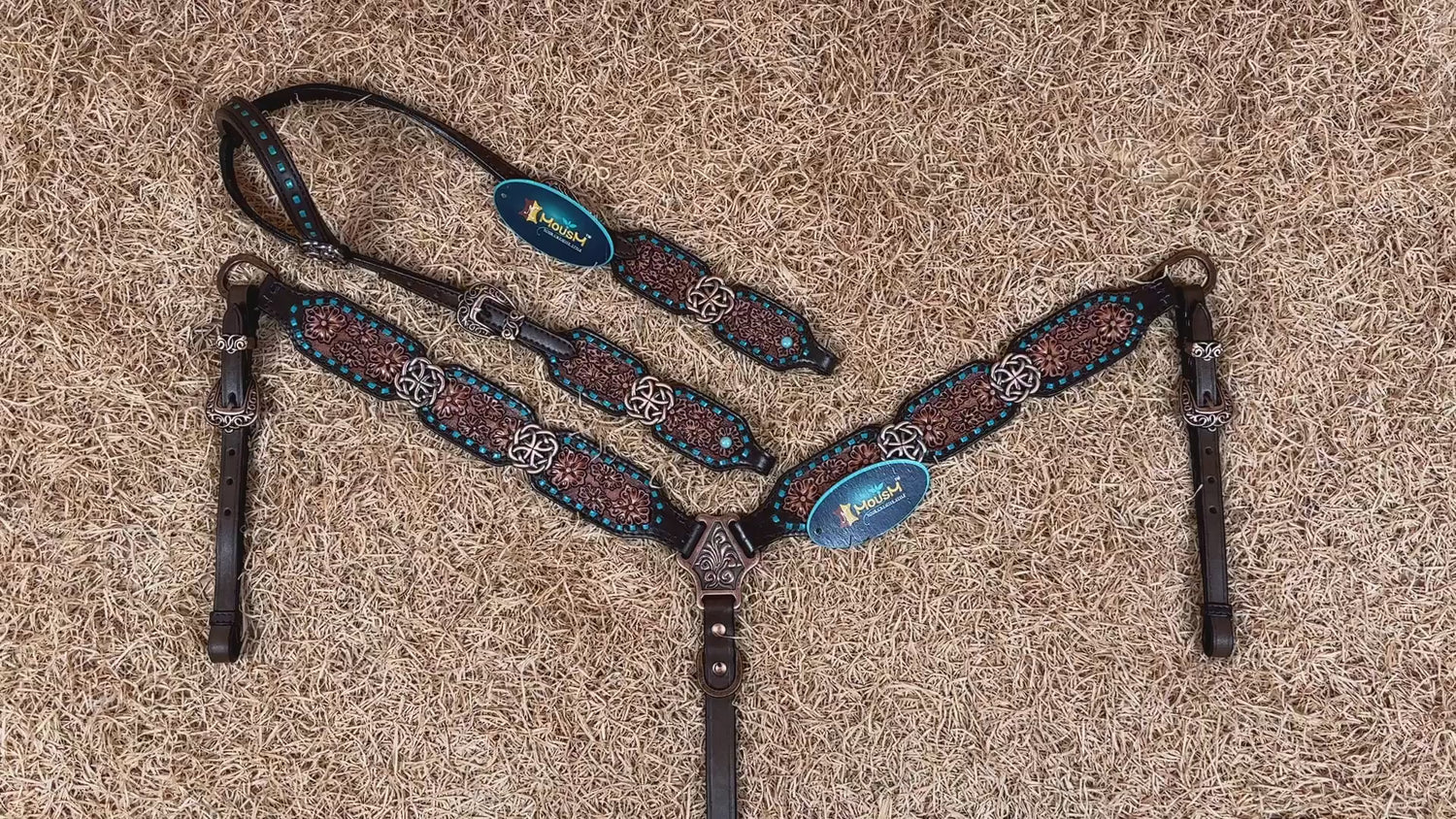 MOUSM Argentina Cow Leather Western Horse Tack Set - Breast Collar and Headstall Set Hand-Carved Flower Detail with Turquoise Rawhide