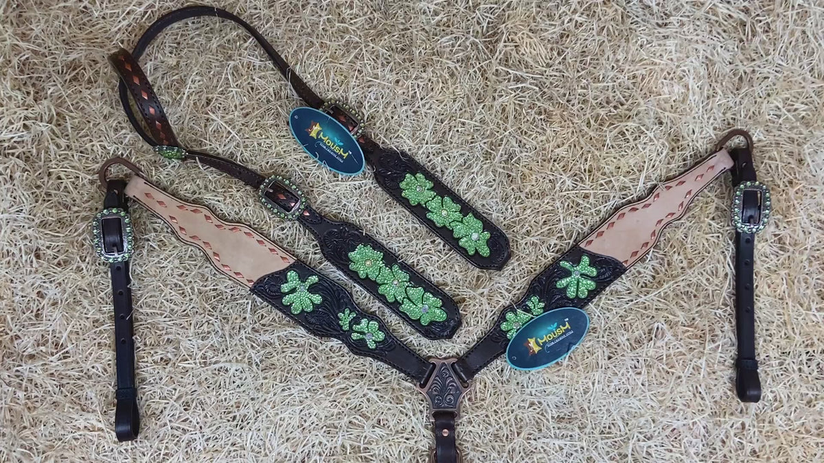 Hand Carved Floral Design with Lime Green Stones Headstall Set