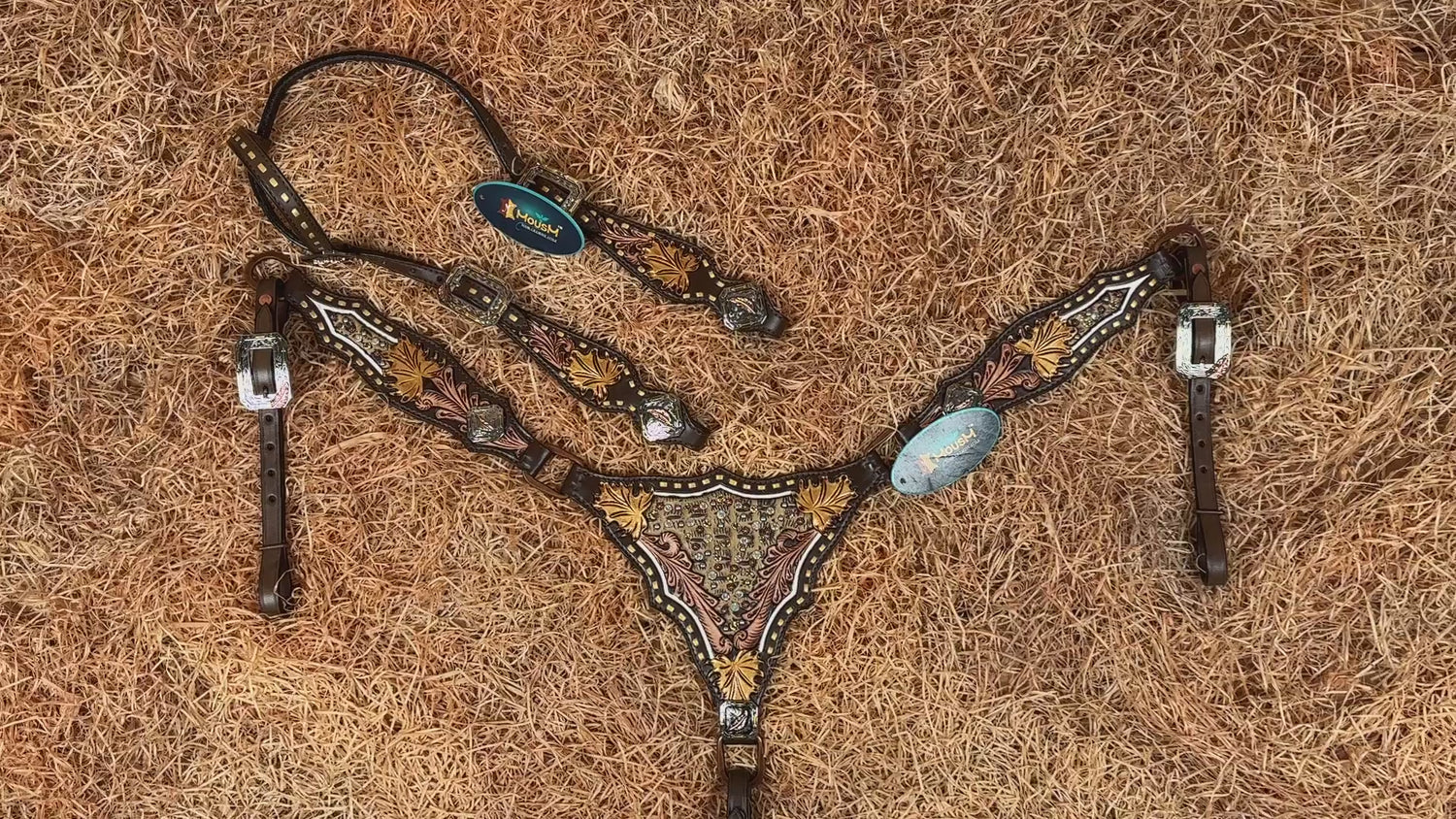 MOUSM Argentina Cow Leather Headstall &amp; Breast Collar Set – Western Bridle with Hand-Carved Golden Oak Leaf Overlay, Copper &amp; Brass Hardware