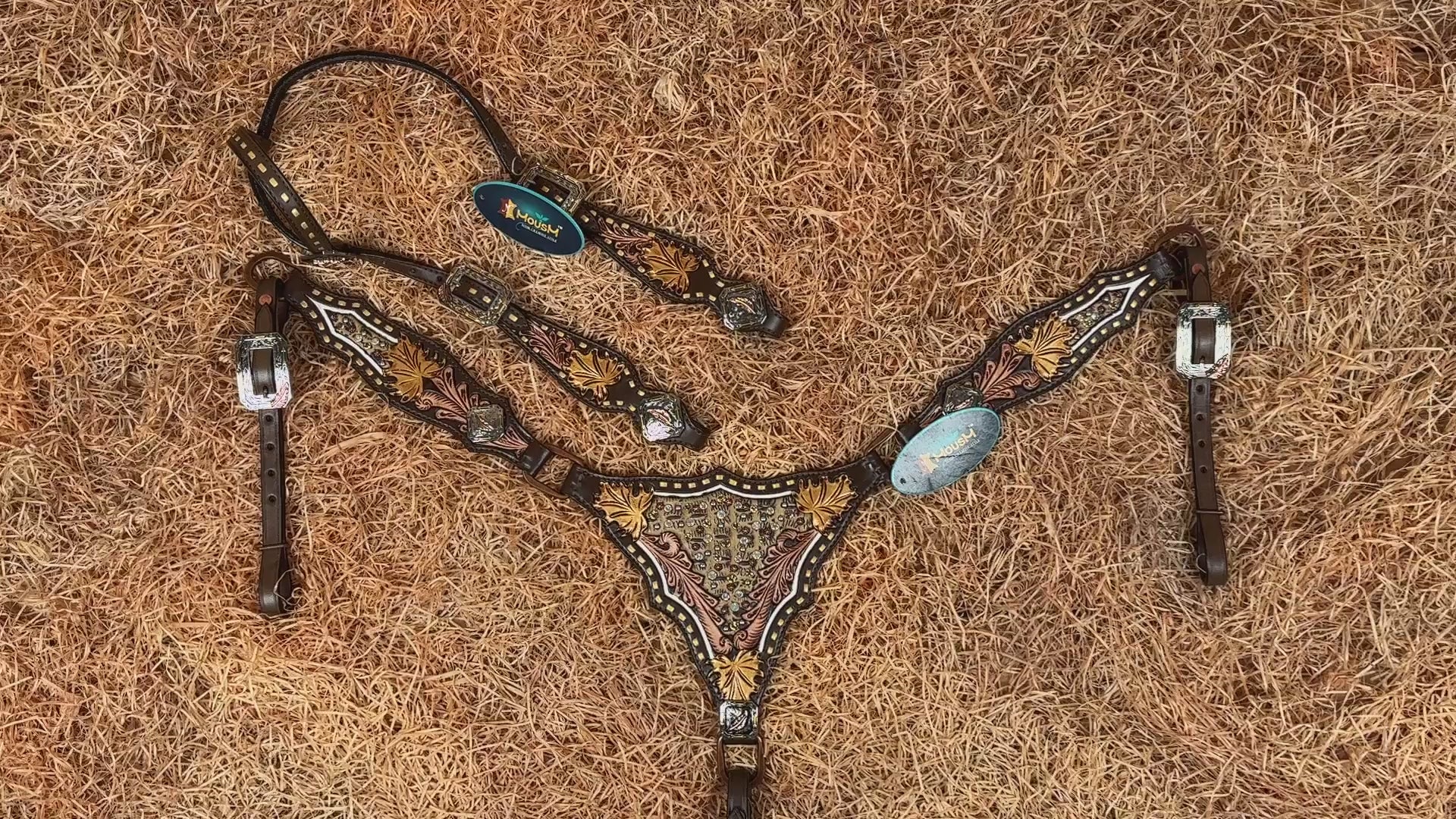 MOUSM Argentina Cow Leather Headstall &amp; Breast Collar Set – Western Bridle with Hand-Carved Golden Oak Leaf Overlay, Copper &amp; Brass Hardware