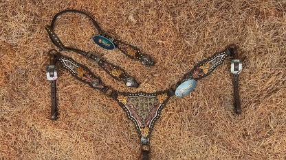 MOUSM Argentina Cow Leather Headstall &amp; Breast Collar Set – Western Bridle with Hand-Carved Golden Oak Leaf Overlay, Copper &amp; Brass Hardware