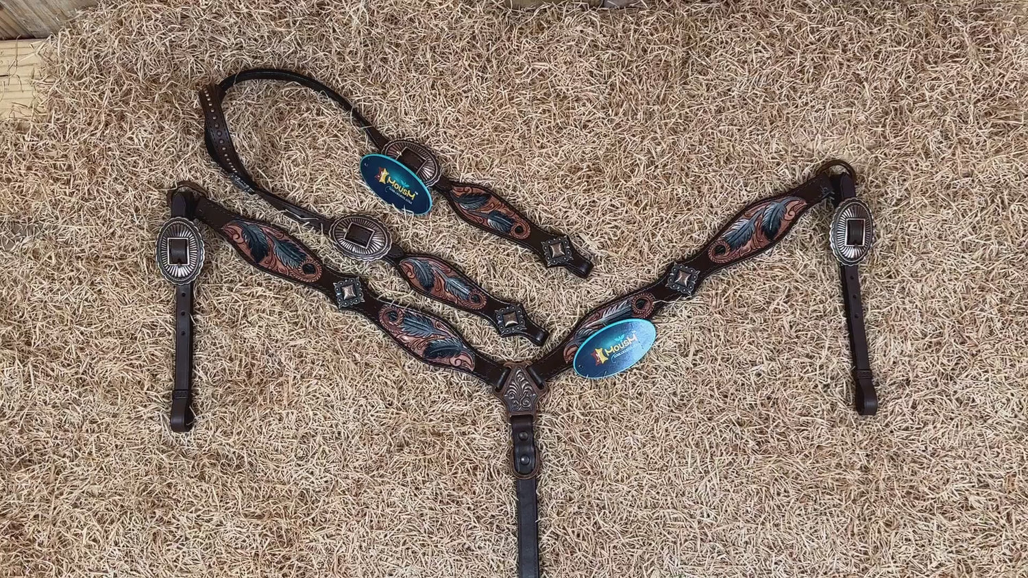 MOUSM Western Headstall &amp; Breast Collar Set – Made from Argentina Cow Leather, Western Horse Tack Set Crafted Hand-Tooled &amp; Hand-Painted Feather Carving