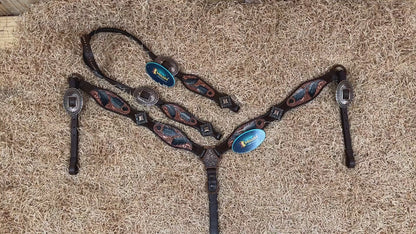 MOUSM Western Headstall &amp; Breast Collar Set – Made from Argentina Cow Leather, Western Horse Tack Set Crafted Hand-Tooled &amp; Hand-Painted Feather Carving