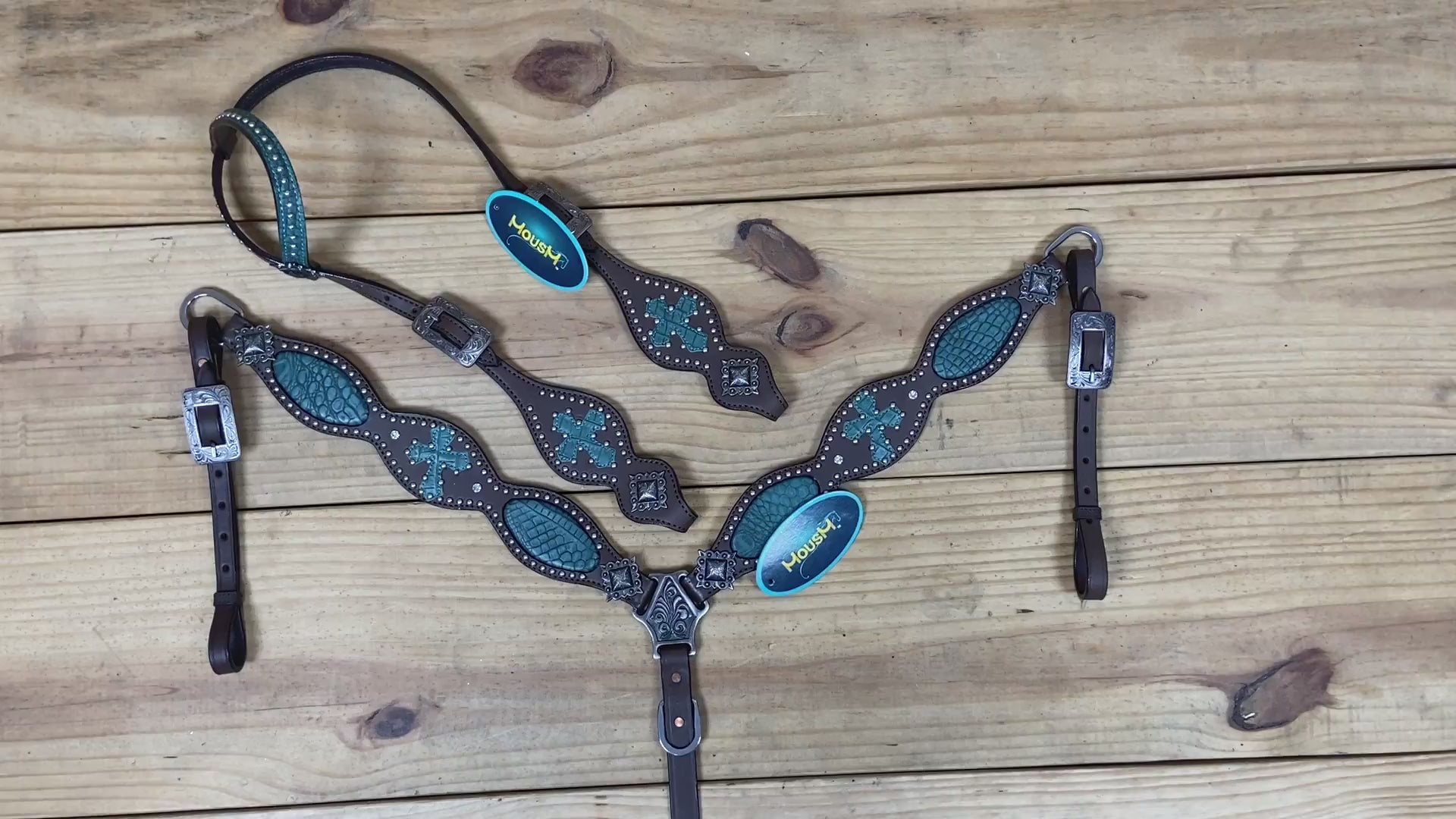 handcrafted argentina leather headstall tack set with silver studs and turquoise inlay turquoise textured with antique nickel hardware