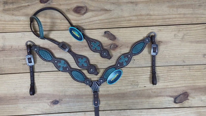 handcrafted argentina leather headstall tack set with silver studs and turquoise inlay turquoise textured with antique nickel hardware