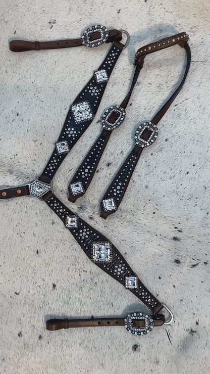 Black Alligator Print &amp; Silver Studs Western One Ear Headstall Set